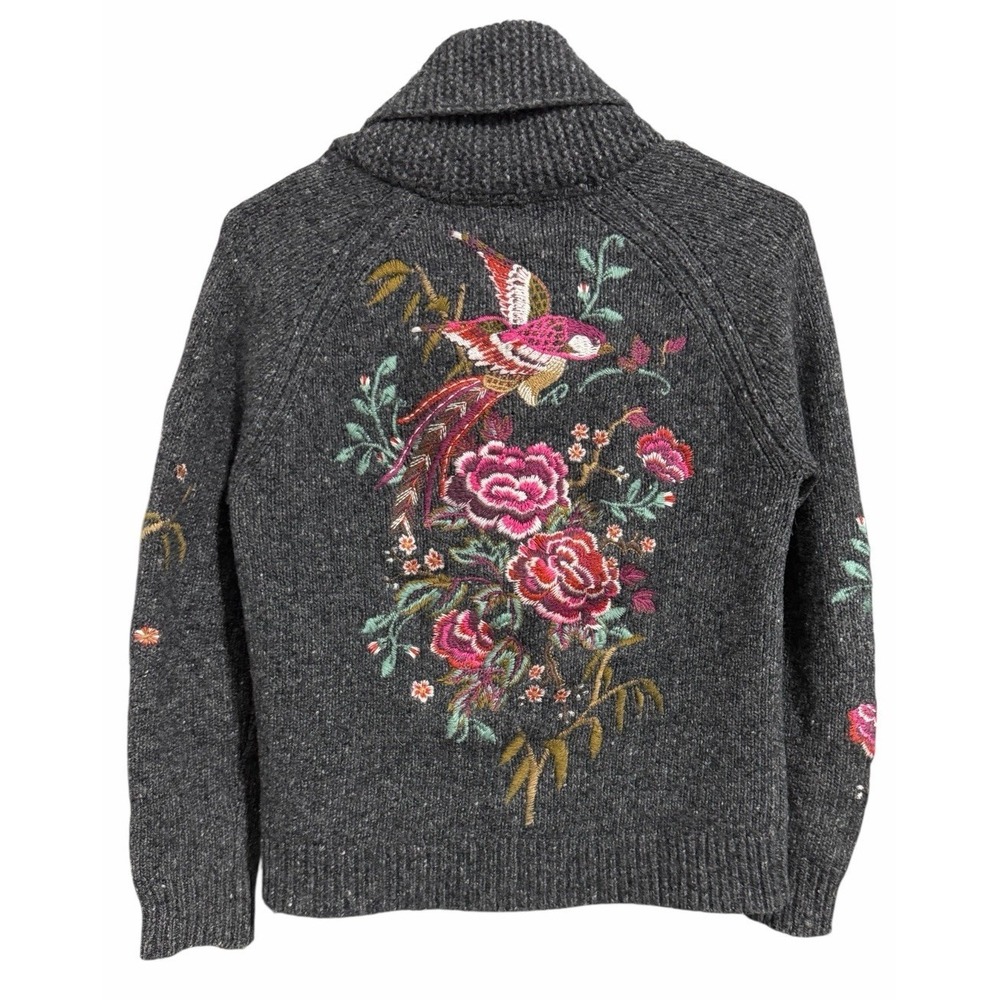 Sundance Embroidered Floral/Bird Knit Cardigan Sweater Gray Women's Size XS
